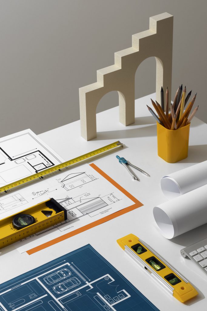 high angle measuring tools desk still life