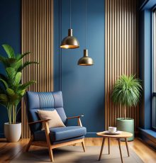 stylish modern wooden living room has armchair empty dark blue wall background3d rendering
